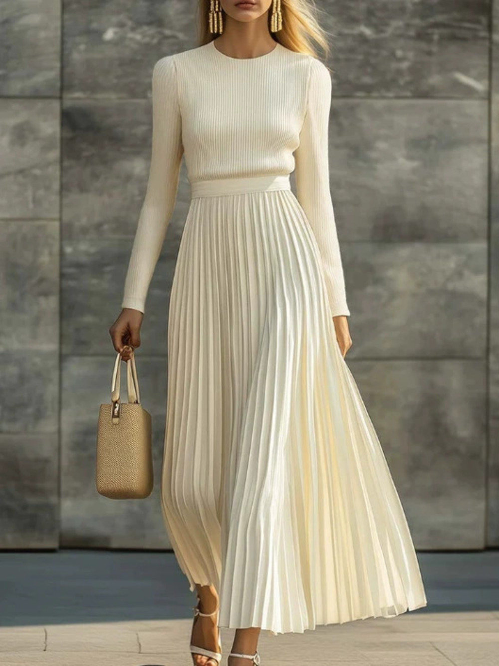 Elegant Casual Comfortable Long Sleeve Cream Satin Knit Pleated Maxi Dress